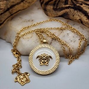 Versace Gold Greek Key White Enamel Medallion Gold Chain Medusa Head